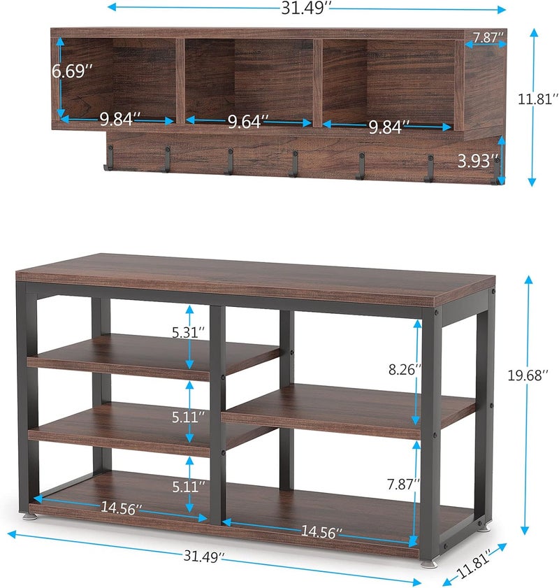 Tribesigns Industrial [Shoe] [Rack] [Bench] with Coat [Rack] Set with Hall Tree, 3 Storage Cubbies, 7 Hooks for Entryway, Hallway, 5-in-1Design, Rustic Brown - Image 2